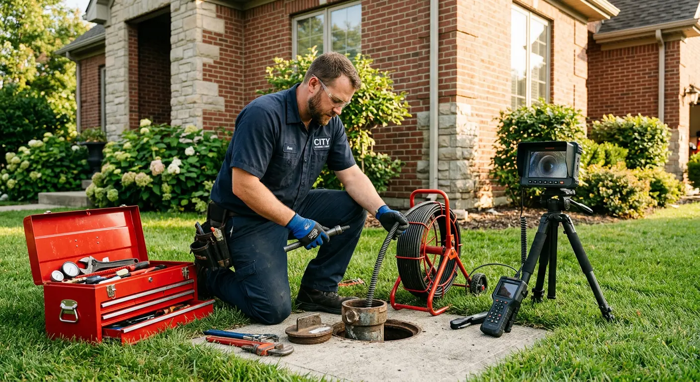 Sewer specialist with camera equipment servicing a cleanout in Springfield